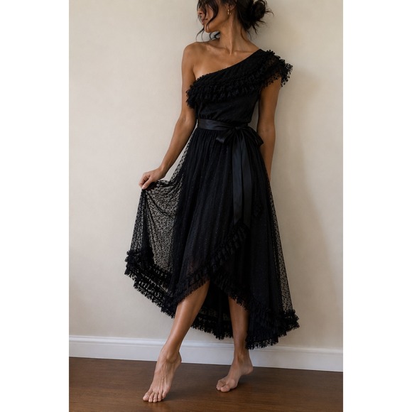 New Leaf by Samir Dresses & Skirts - VTG 80s Black Swiss Tulle Dot One Shoulder Cocktail Dress Size 10 Whimsigoth